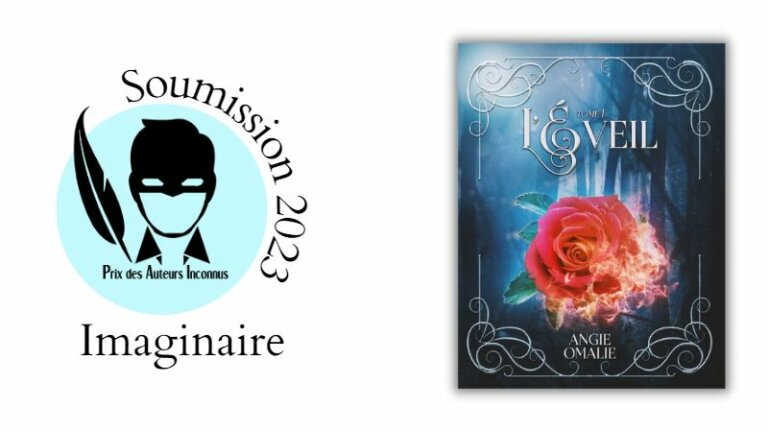 Couverture du roman : on y voit une rose rouge en flammes. A l'arrière plan, une forêt sombre. Le tout est encadré d'un cadre en arabesques blanches