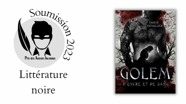 Couverture du roman : à l'arrière plan, on voit le torse et le bas du visage d'un homme torse nu dont la peau s'effrite comme de la pierre. Au premier plan, au niveau de son ventre, on voit la silhouette d'une femme qui semble à genoux en train de pleurer. Le fond est une page d'écriture parsemée de sang dont le rouge est la seule couleur de l'image.