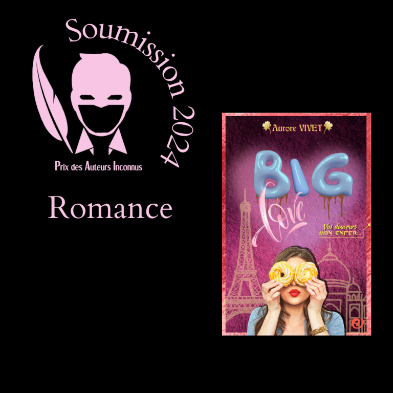 Couverture du roman Big Love d'Aurore Vivet. Sous-titre : Vos douceurs, mon enfer... On y voit une jeune femme avec un biscuit de type Spritz devant chaque œil. En arrière-plan se trouvent les silhouettes de la tour Eiffel et du Sacré-Cœur.