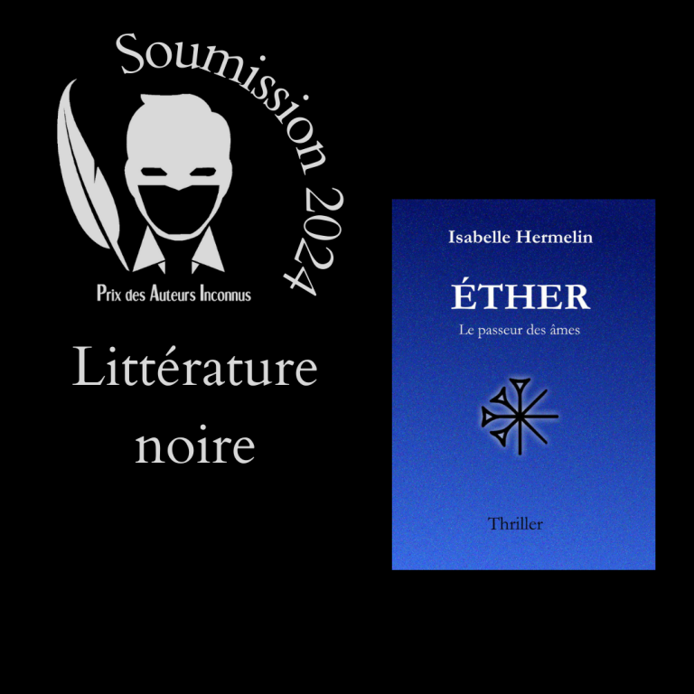 Couverture du roman Éther d'Isabelle Hermelin. Sur un fond bleu, on voit une croix à huit branches dont les quatre du haut à gauche se terminent par des triangles alors que les quatre autres ont des extrémités en simple segment de droite.